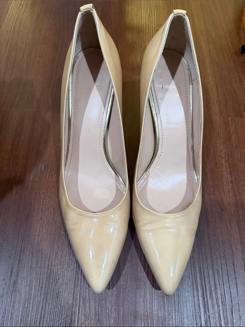 Stuart Weitzman Nude Patent Pointed Toe Pumps